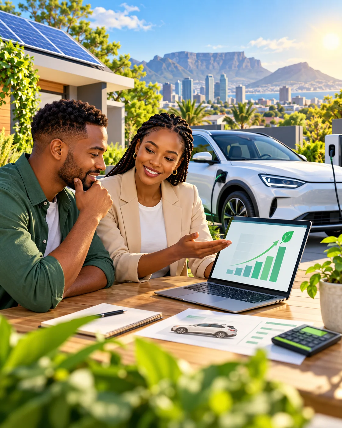 People discussing electric vehicle savings at a table, with a charging electric car, solar energy and a clean green future in the background.