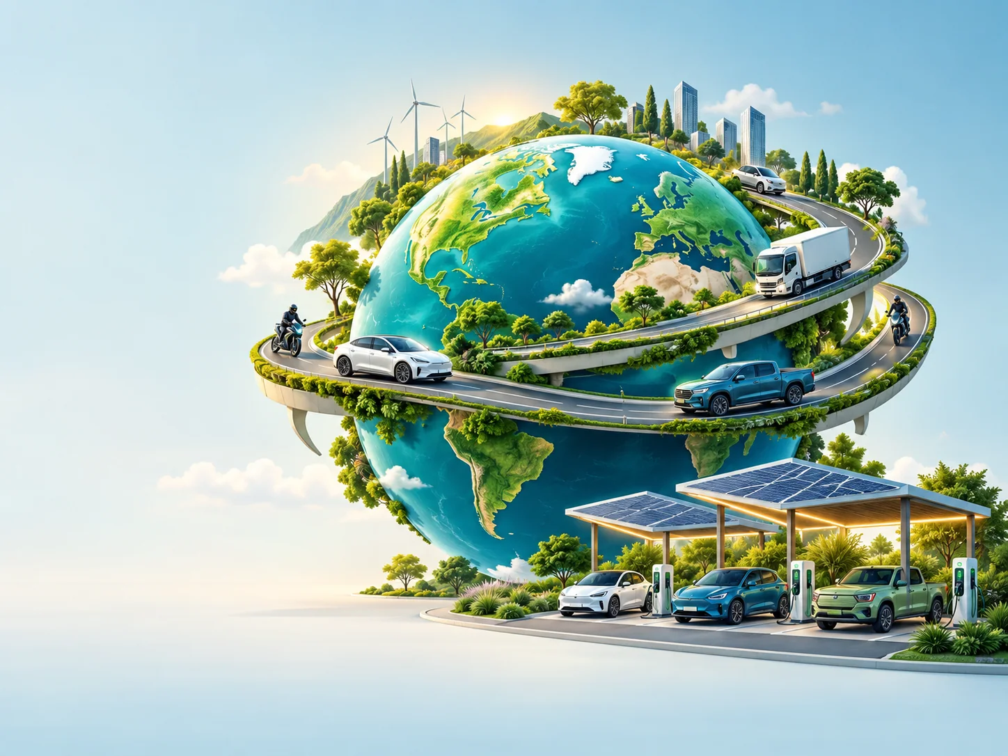 Illustrated world with cars, trucks, a bakkie and motorbikes driving around it, with electric vehicles charging under solar carports.